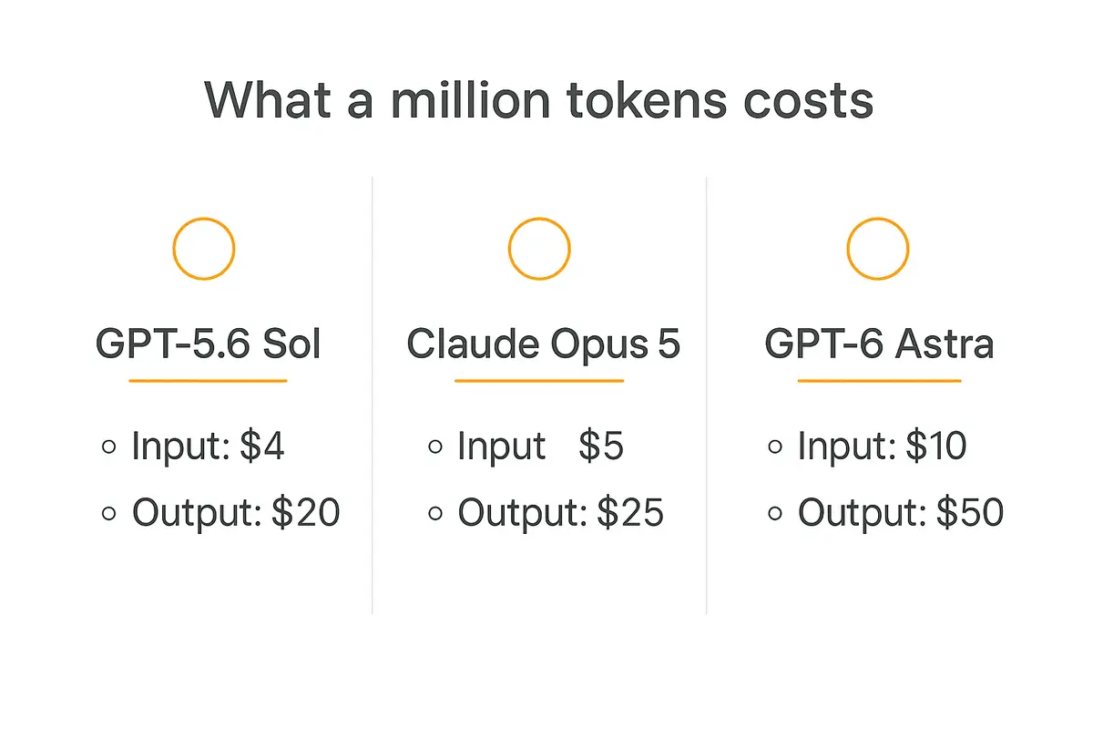 Three-panel infographic comparing per-million-token API pricing for GPT-5.6 Sol, Claude Opus 5 and GPT-6 Astra