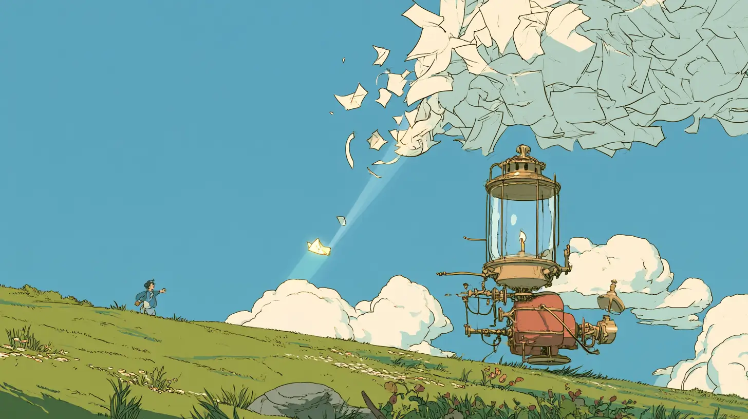 Illustrated adventurer feeding glowing notes into a brass lantern-machine on a sunny hillside, a metaphor for AI agent knowledge base setup