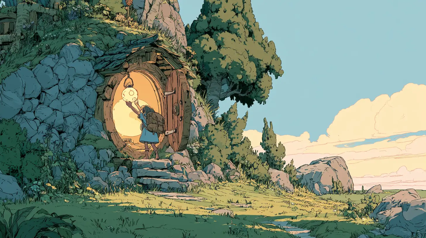Moebius/Ghibli-style illustration of a small adventurer lifting a glowing lantern-orb into the round window of a cozy hillside cottage, warm light spilling out — a metaphor for embedding an AI agent into your website