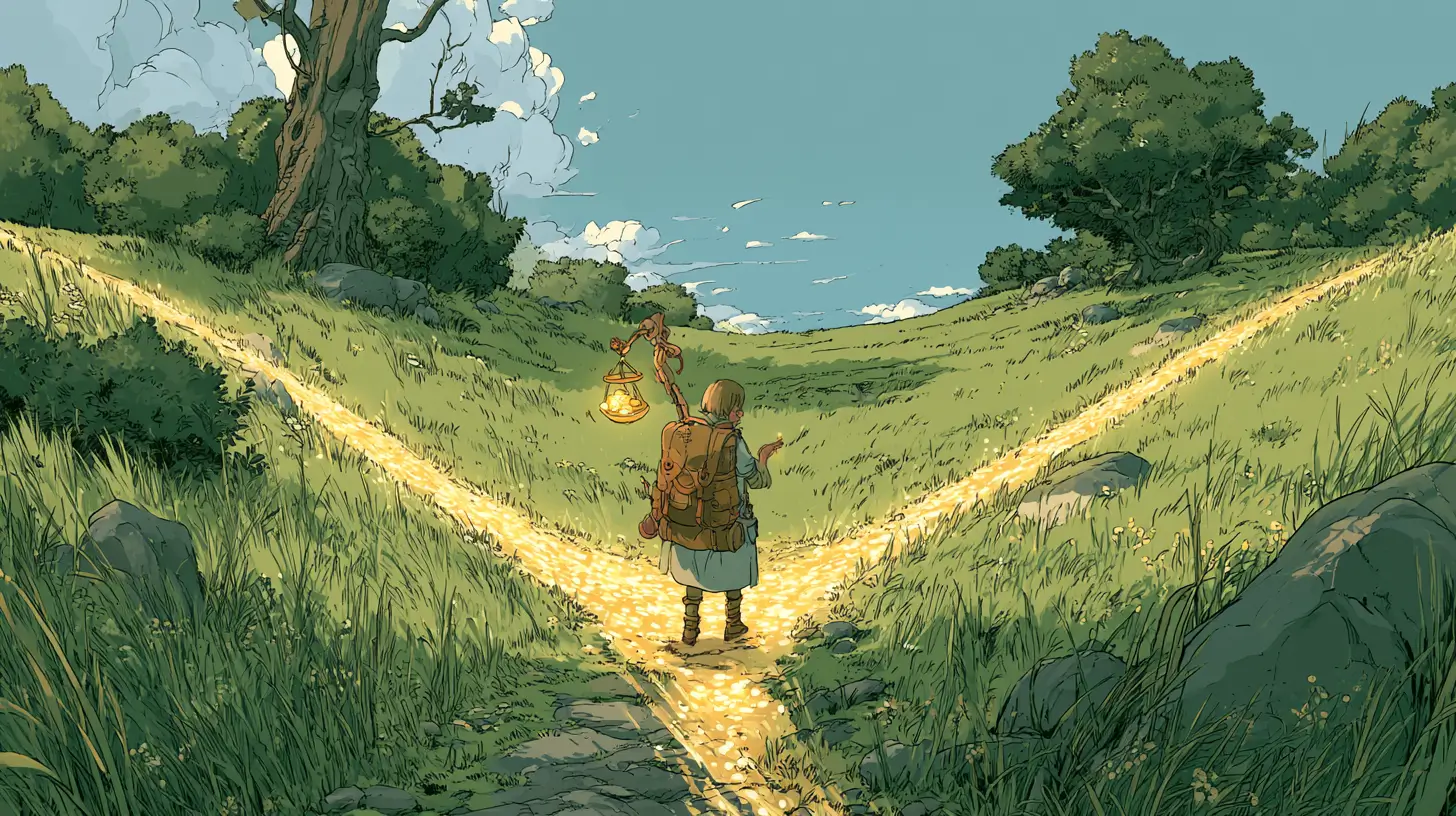 Illustration of an adventurer with balance scales choosing between diverging golden paths, a metaphor for AI service pricing