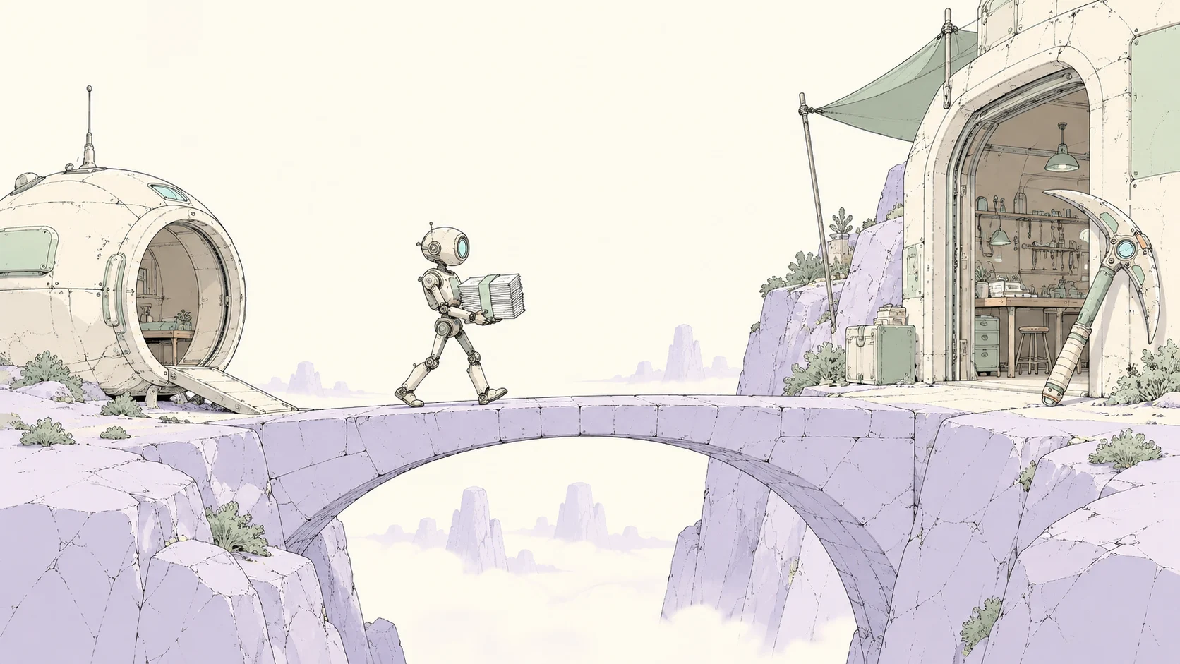 Moebius-inspired illustration of an automaton carrying knowledge across a bridge to rebuild a Custom GPT on Pickaxe