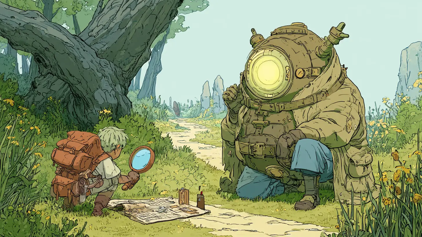 Illustrated adventurer inspecting a glowing clockwork companion with a magnifying glass and checklist before sending it down the path — a metaphor for how to test an AI agent before deploying it