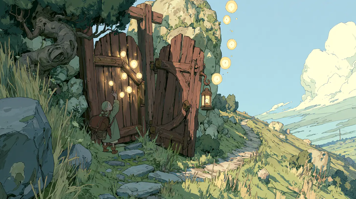 Moebius/Ghibli-style illustration of a small adventurer raising a hand at a glowing wooden gate as orbs of light pass through, representing a human-in-the-loop AI agent approval checkpoint