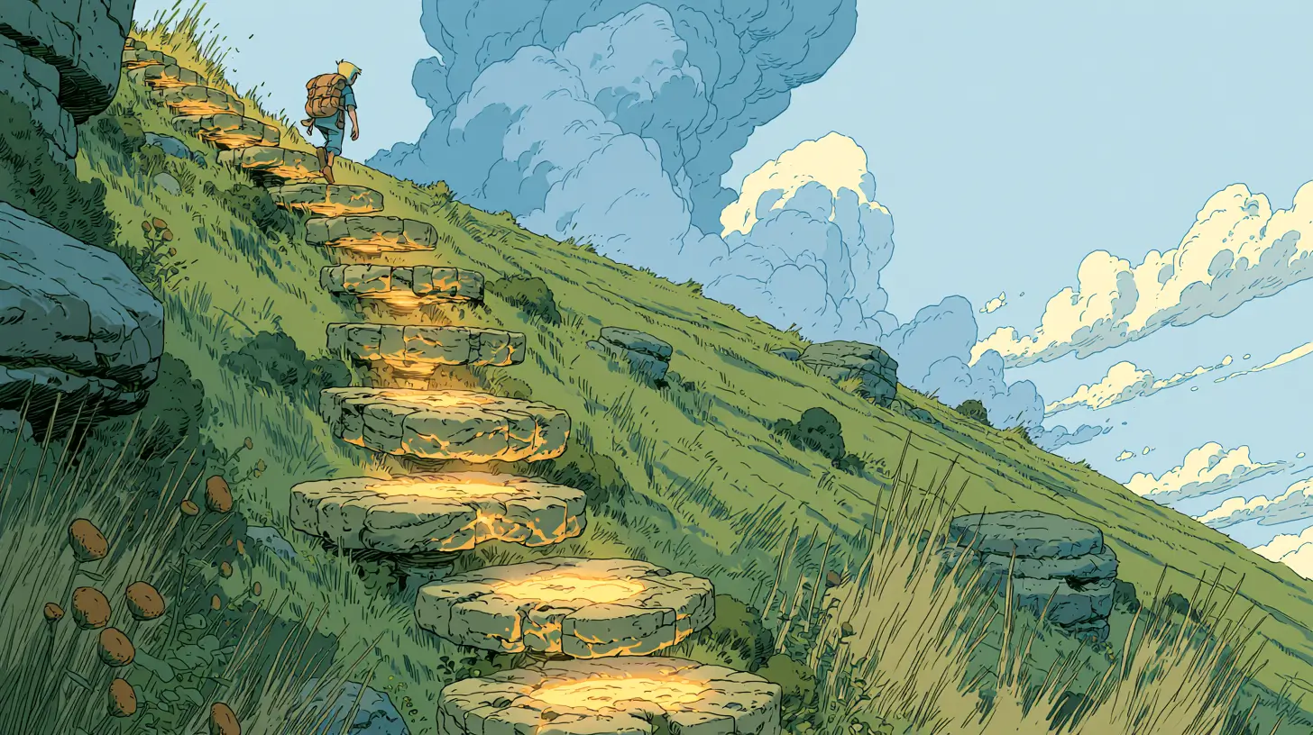 Moebius/Ghibli-style illustration of a small adventurer climbing a receding staircase of glowing golden stone steps up a green hillside toward open sky — a metaphor for the levels of AI agent autonomy