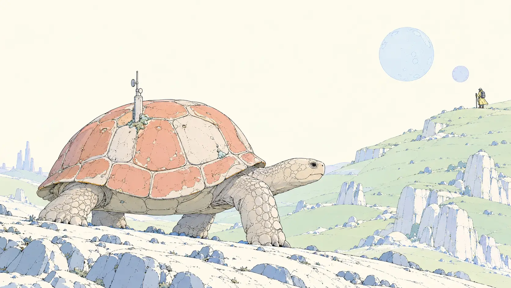 LFM3 local AI agents represented by a tortoise carrying its shelter across pale mint chalk uplands