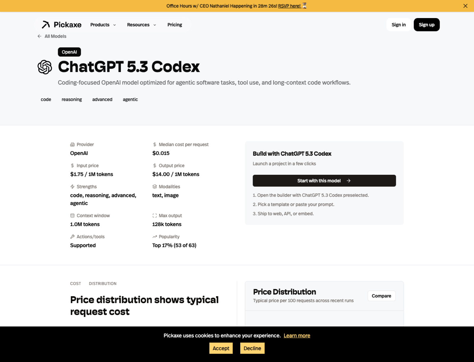Screenshot of the Pickaxe ChatGPT 5.3 Codex model page