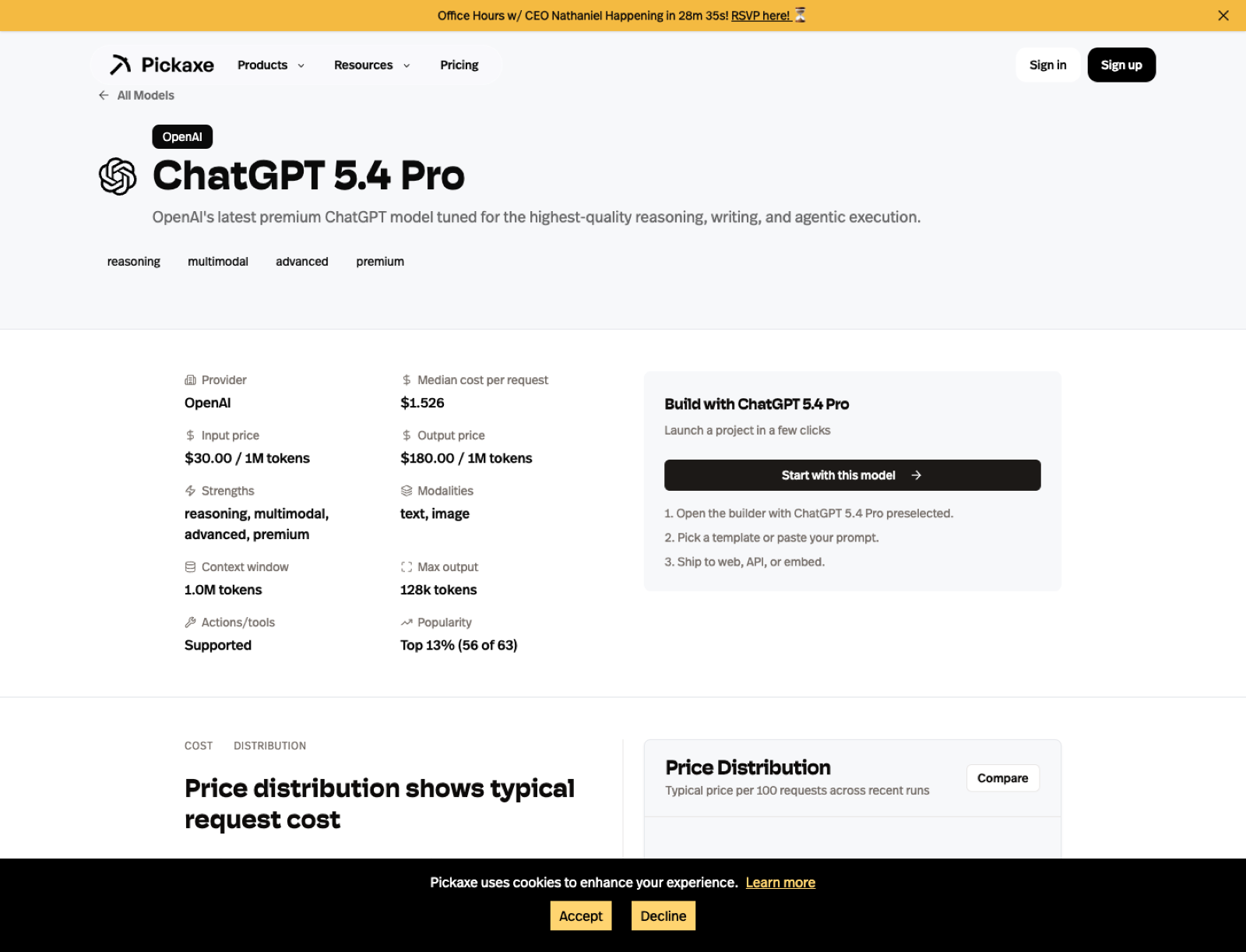 Screenshot of the Pickaxe ChatGPT 5.4 Pro model page