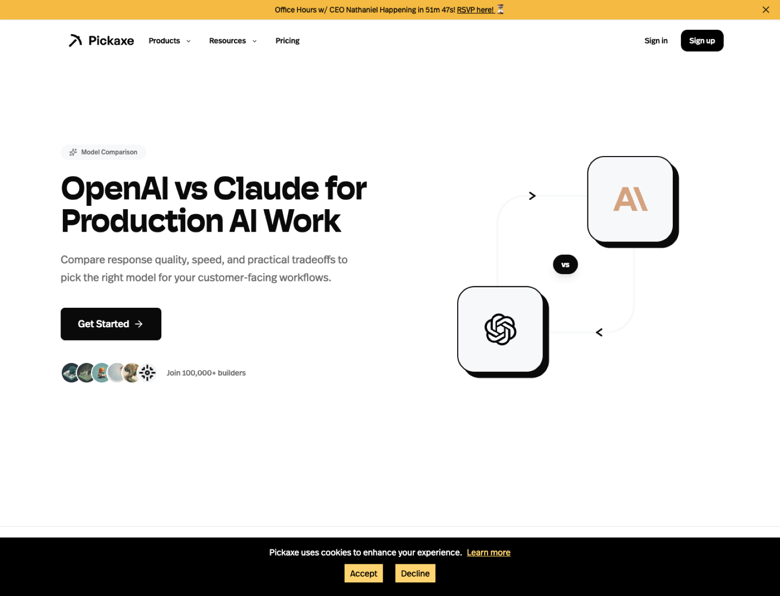 Screenshot of Pickaxe OpenAI vs Claude comparison landing page