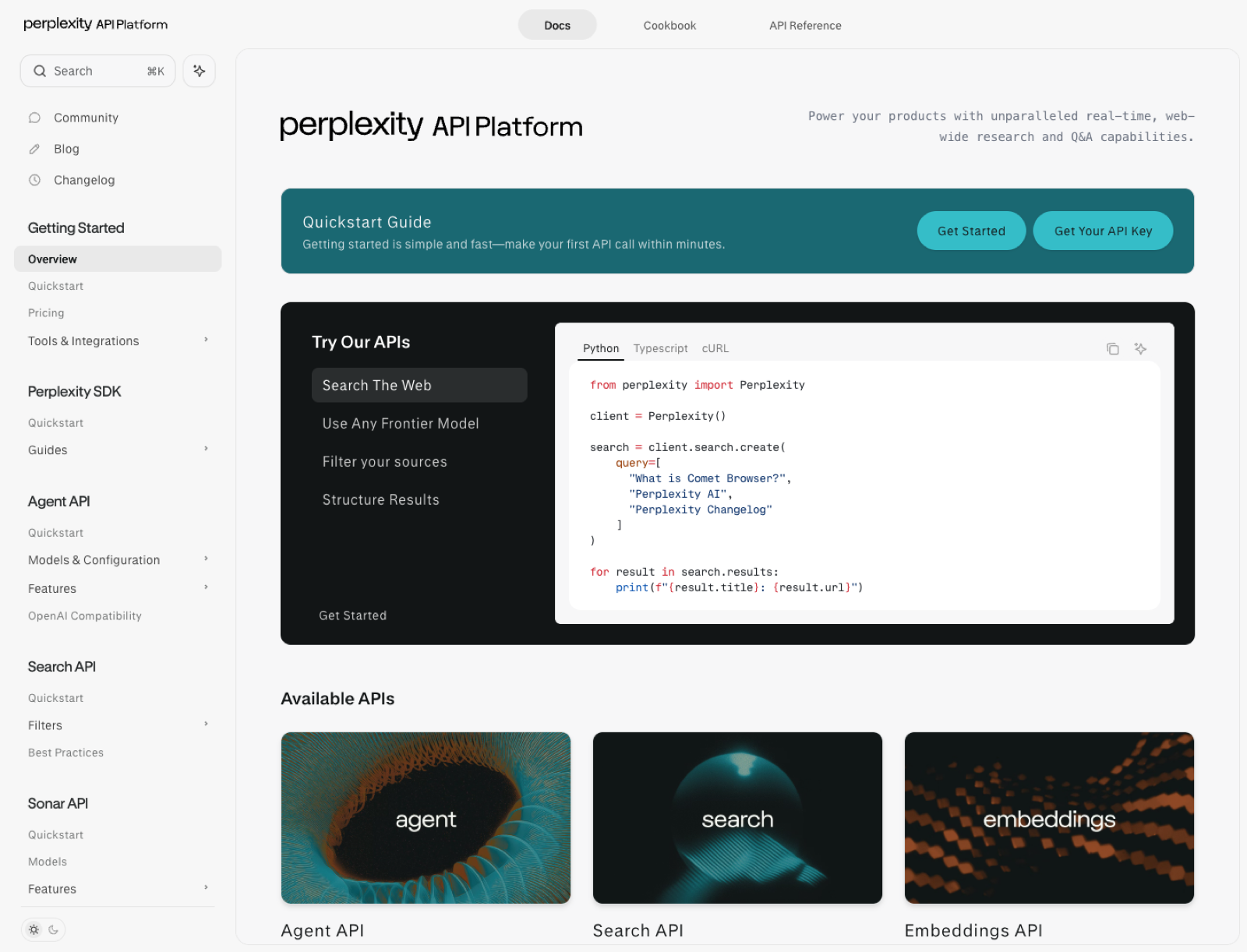 Screenshot of Perplexity docs homepage