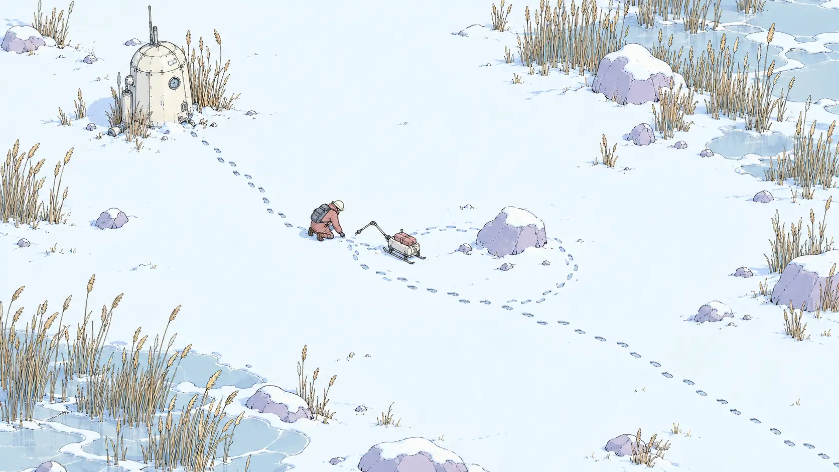 LLM observability illustrated by an AI survey sled following footprints through a snowy marsh