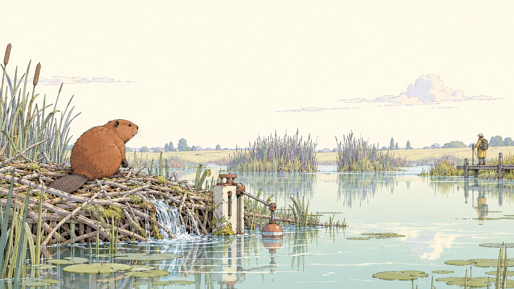 Long-running AI agents illustrated by a beaver dam preserving a calm pool beside a weathered water regulator