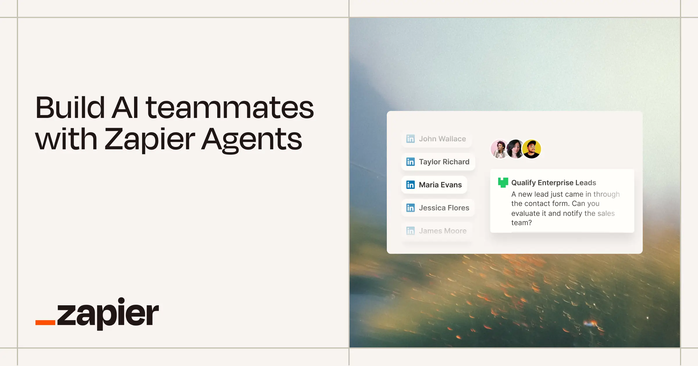 Zapier official Agents marketing preview showing a list of AI teammates
