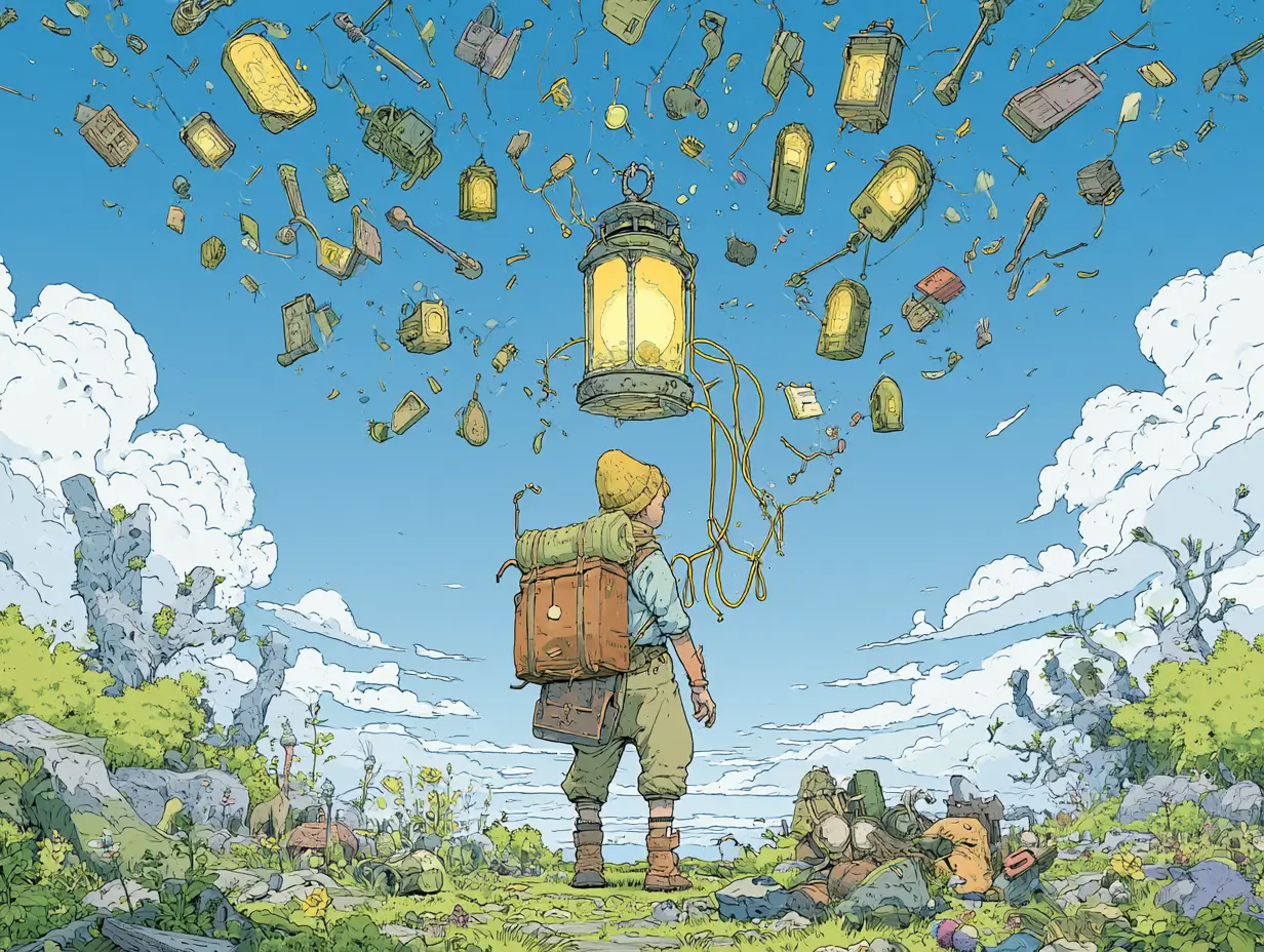 Illustrated adventurer beneath a glowing central lantern connected by golden threads to many floating tools — a metaphor for the Model Context Protocol connecting an AI model to tools and data