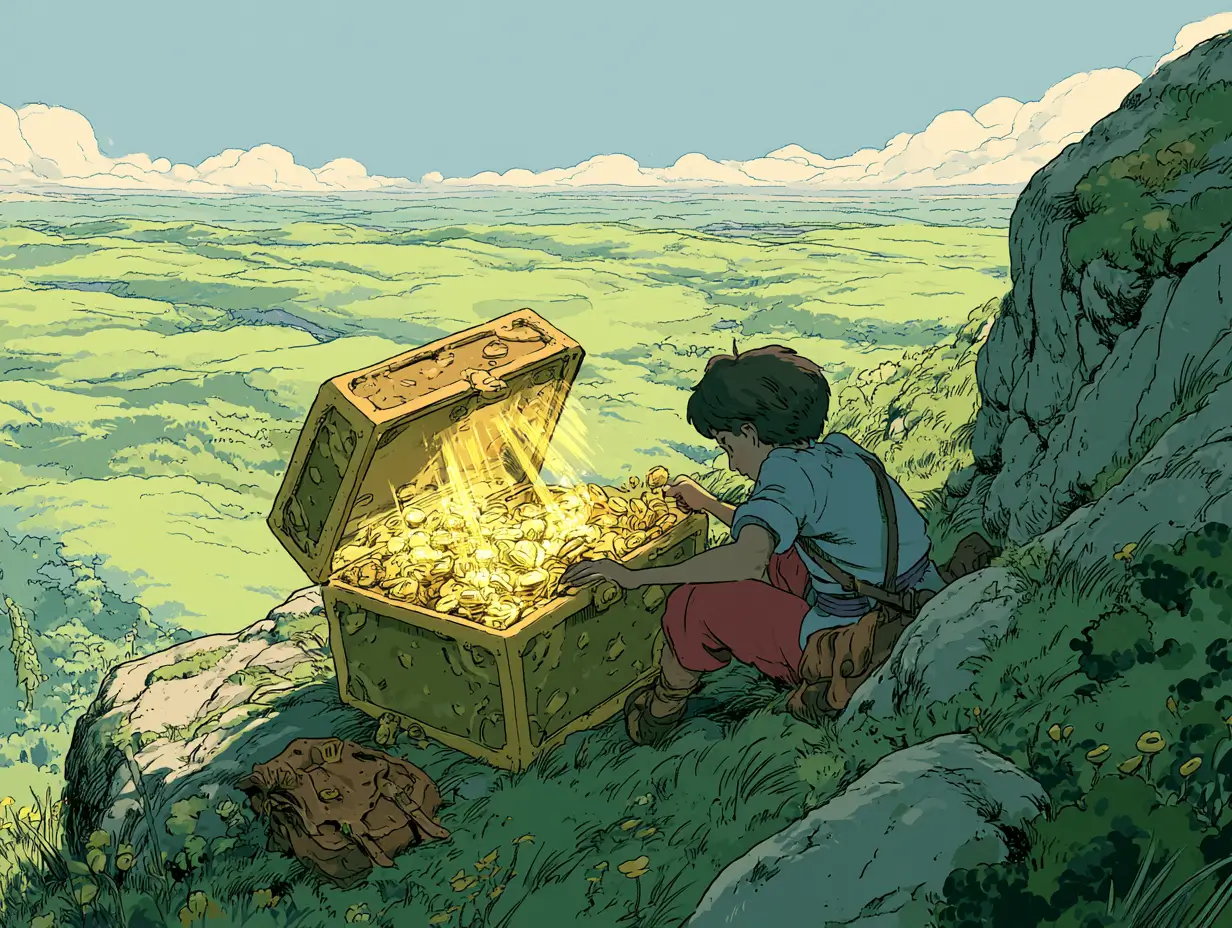 Illustration of a small adventurer opening a glowing treasure chest filled with golden coins on a hillside overlooking a vast green valley, representing AI agent monetization opportunities