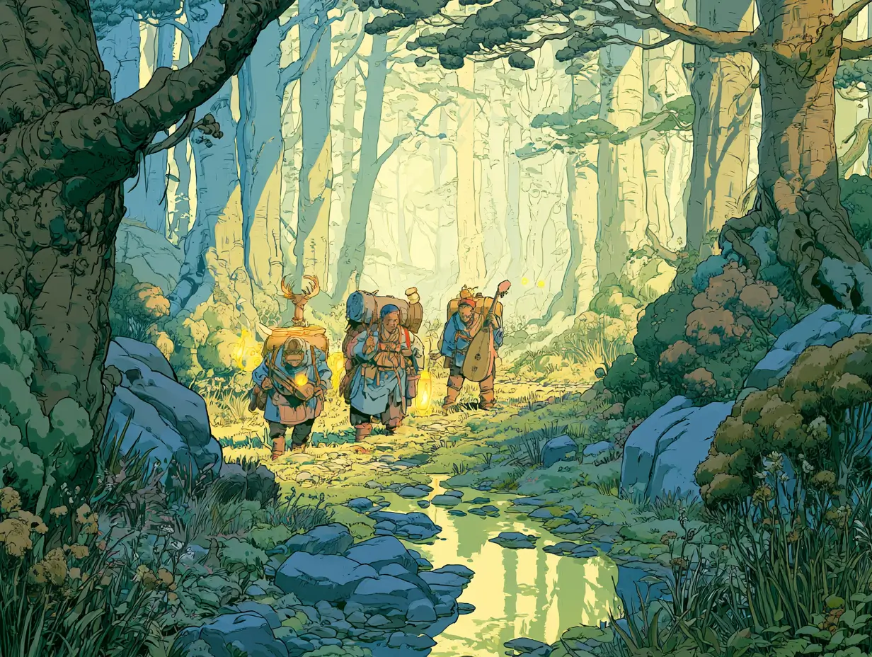 Illustration of a team of adventurers navigating a luminous forest path together, representing multi-agent AI systems collaborating on complex tasks