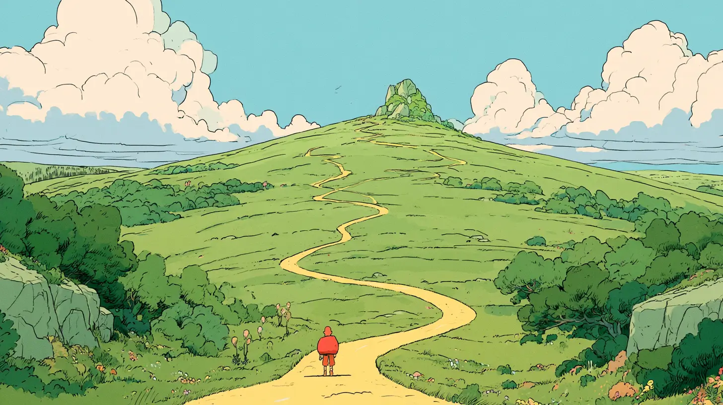 Illustrated adventurer standing where a glowing golden trail forks into branching paths across a green valley — a metaphor for a multi-step AI workflow with conditional logic
