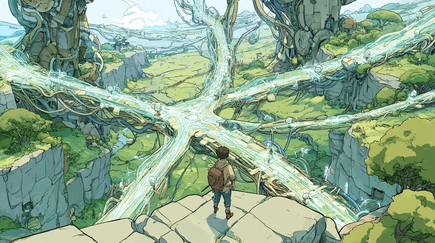 Top n8n alternatives — illustrated adventurer at a crossroads of glowing automated pathways through a lush valley