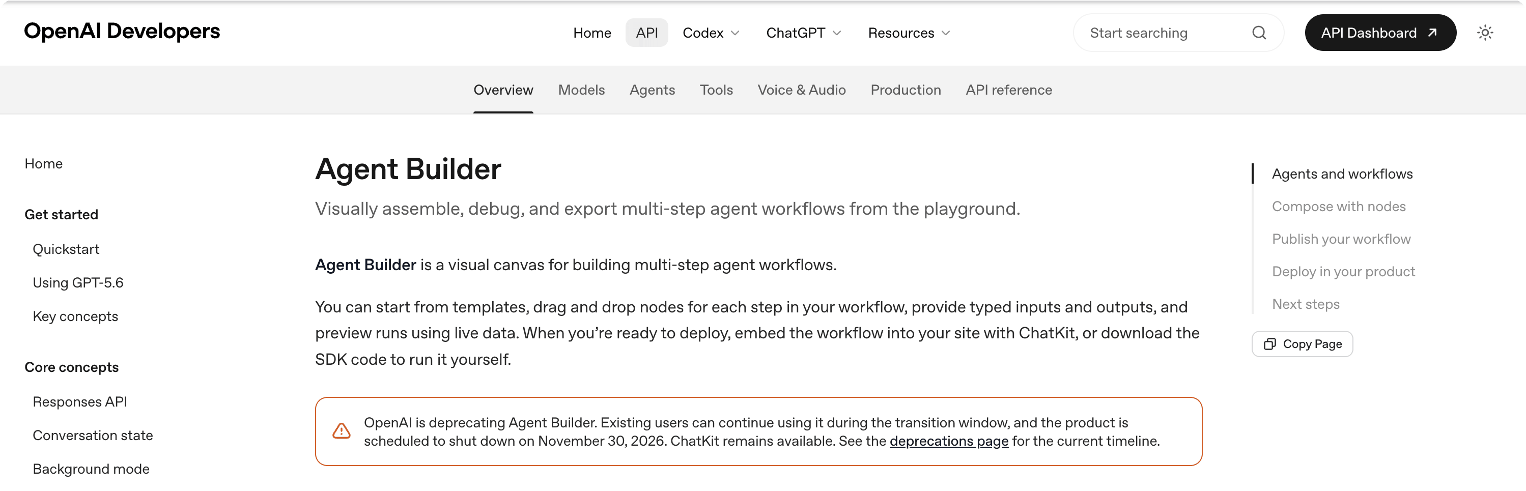 Screenshot of OpenAI's Agent Builder documentation showing the deprecation notice banner announcing the November 30, 2026 shutdown