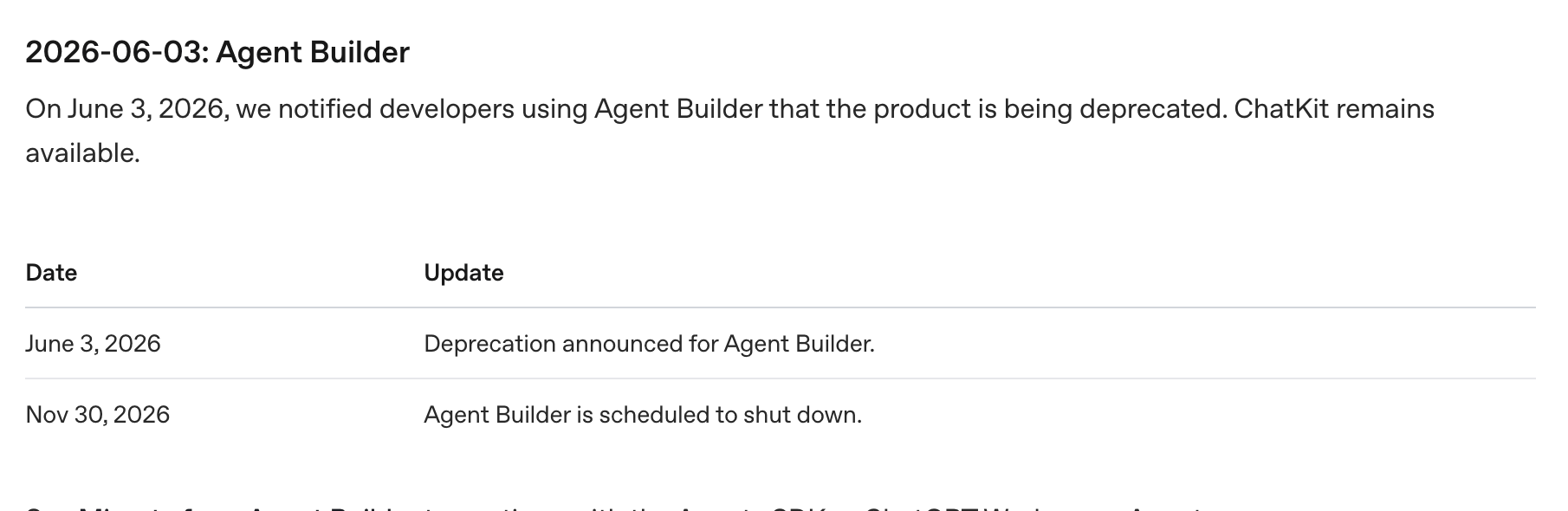 Screenshot of OpenAI's deprecations page showing the Agent Builder deprecation dates: announced June 3, 2026 and shutting down November 30, 2026