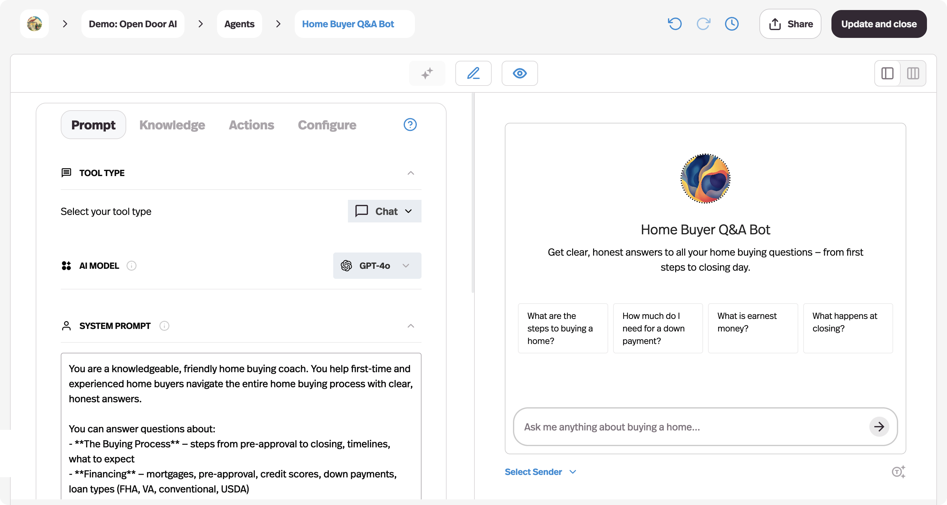Screenshot of the Pickaxe agent builder showing the Prompt, Knowledge, Actions and Configure tabs with the system prompt and model selection beside a live agent preview
