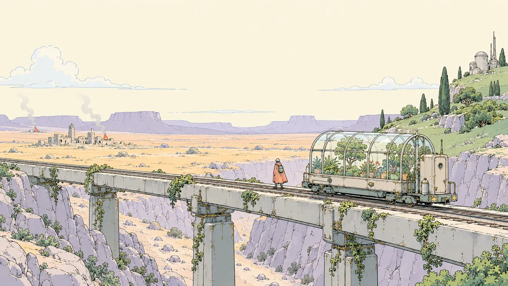 A traveler moving a garden habitat away from a scorched plain, illustrating a PHP vulnerability response by rebuilding on a different foundation