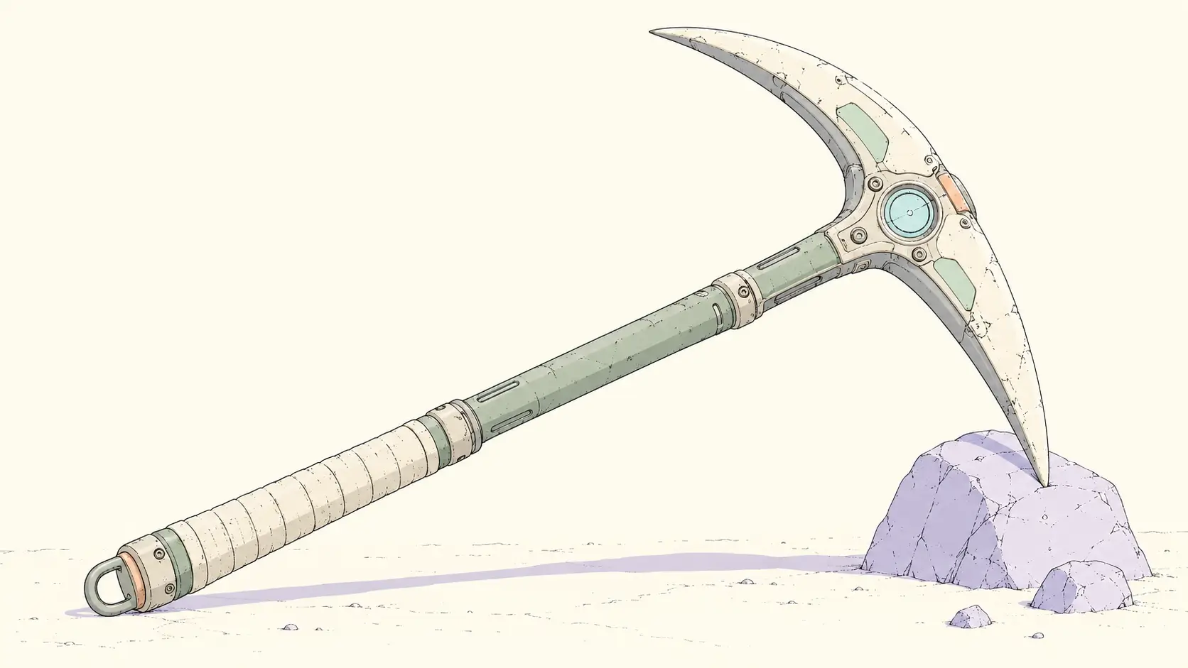 Moebius-inspired fine-line illustration of a futuristic ivory and mint pickaxe resting against a lavender stone