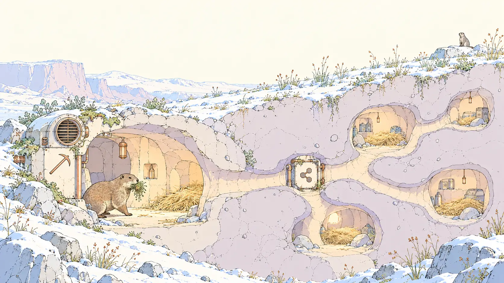 Pickaxe vs Botpress: a marmot burrow with sheltered chambers and branching routes