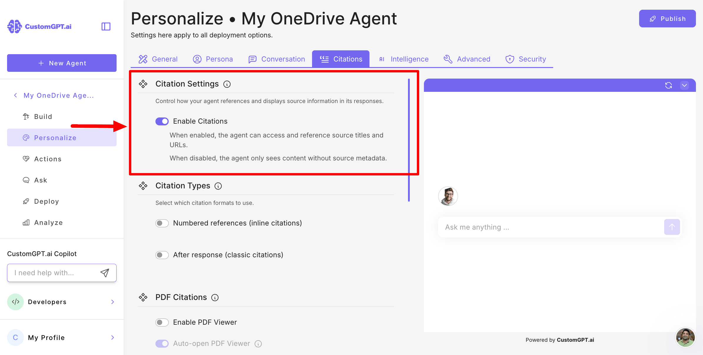 CustomGPT.ai citation controls with Enable Citations and presentation options