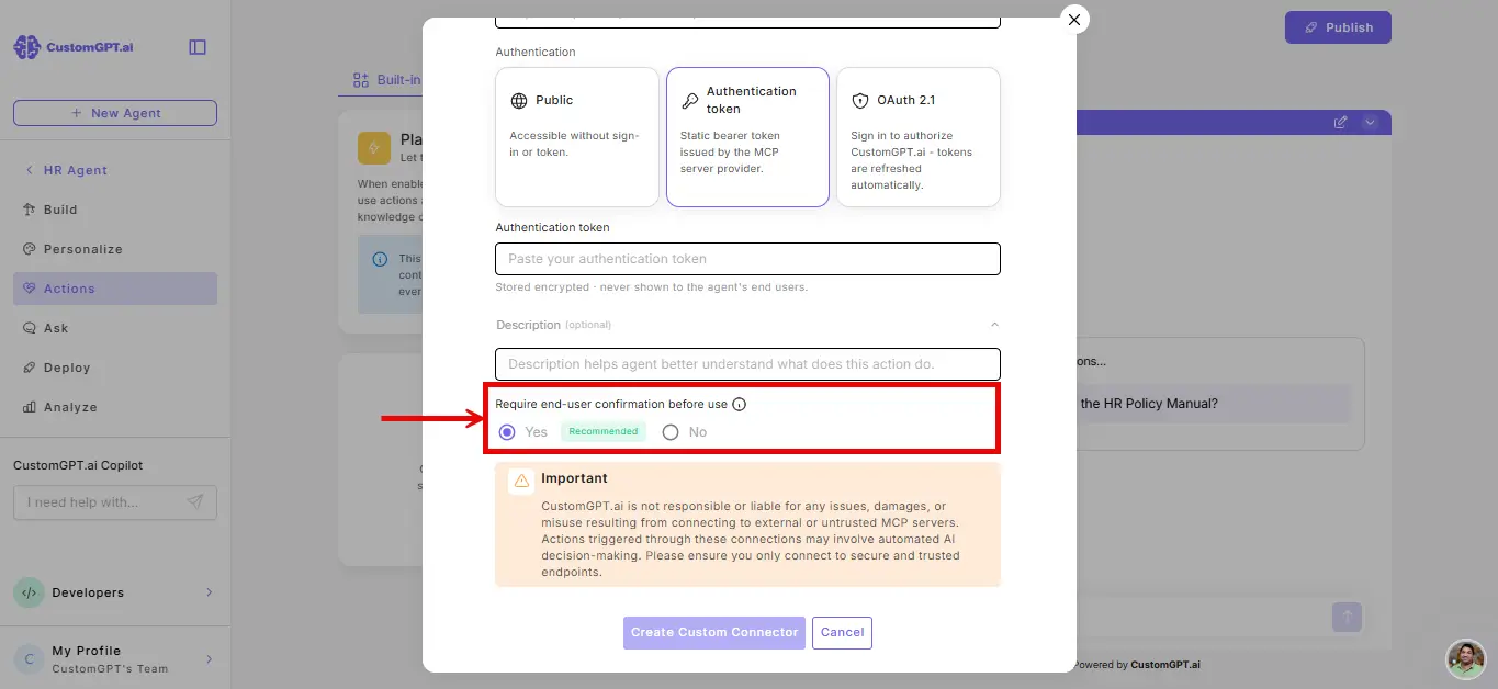 CustomGPT.ai custom MCP connector dialog with end-user confirmation selected