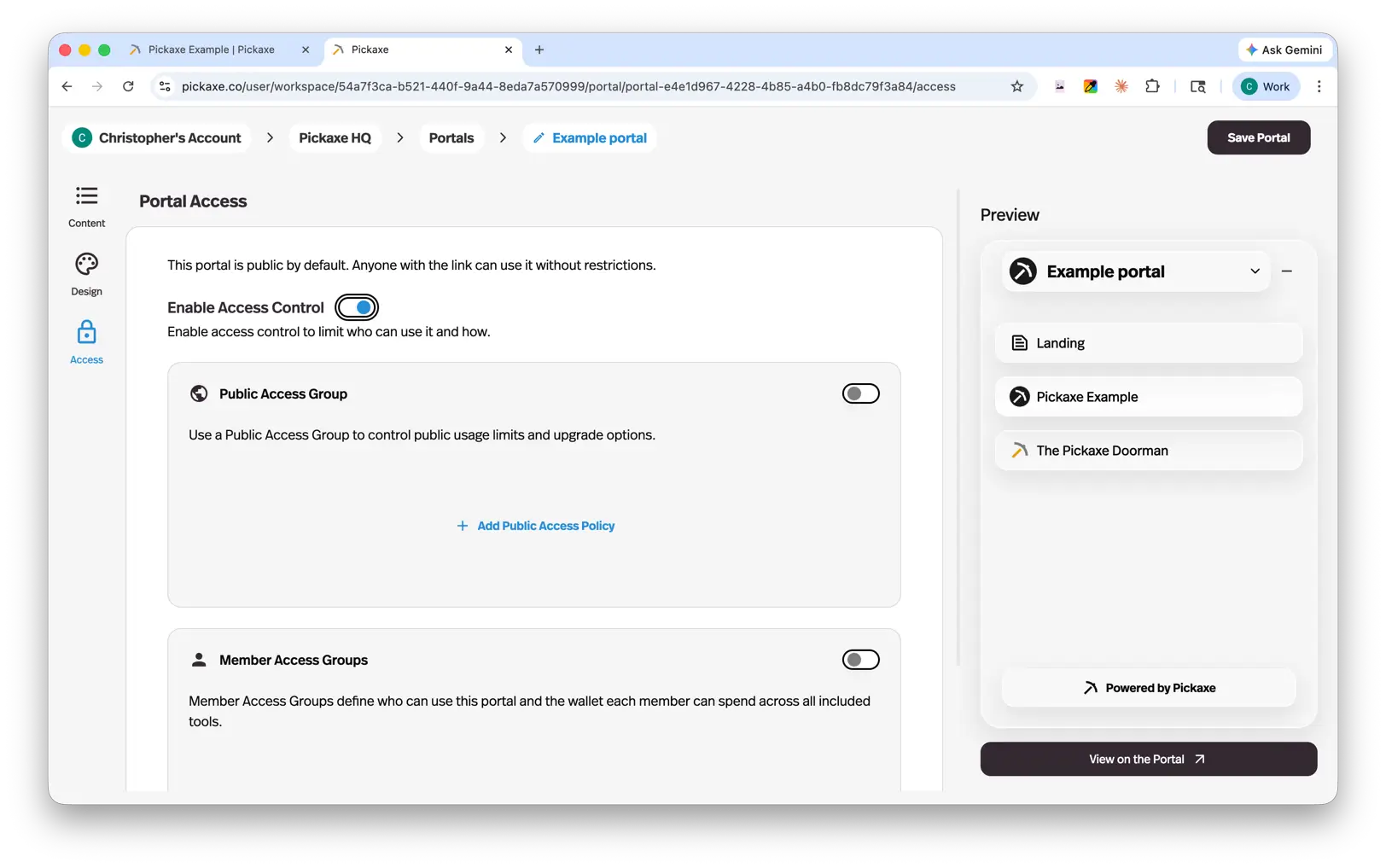 Pickaxe portal editor Access tab with public and member access controls
