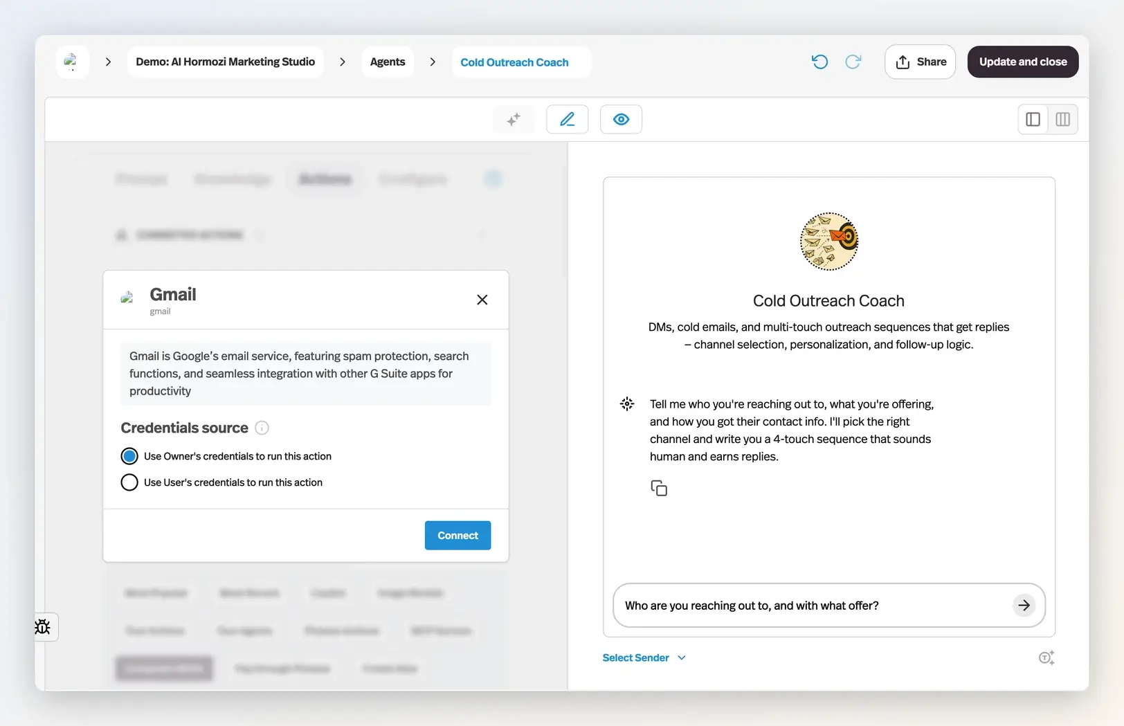 Pickaxe app connection dialog with owner credentials and user credentials choices