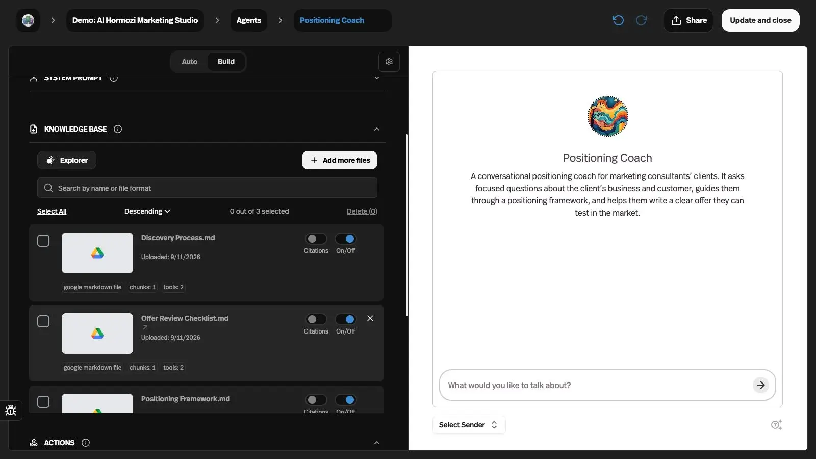 Pickaxe Knowledge Base with a Citations switch and On/Off control on each source