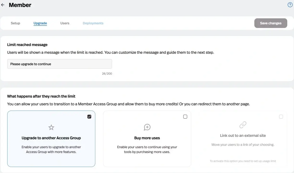 Pickaxe member access group Upgrade tab with usage and upgrade choices