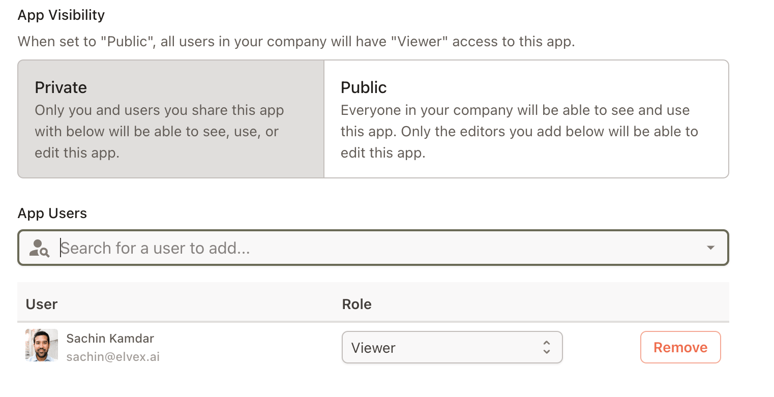 Elvex documentation screenshot showing private and company-public visibility with Viewer role