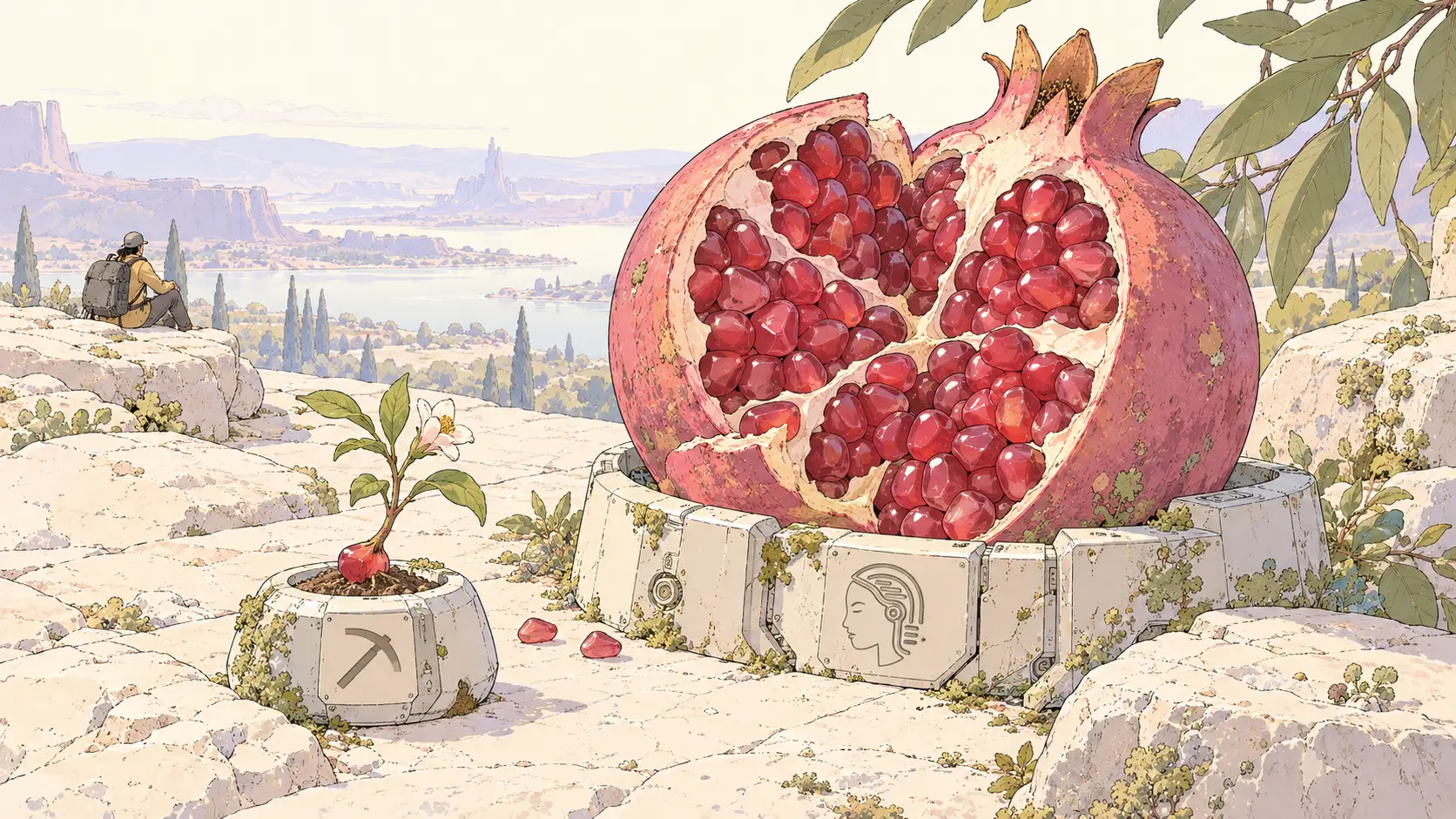 Pickaxe vs Elvex illustrated by a shared pomegranate and an independent seedling in weathered futuristic cradles