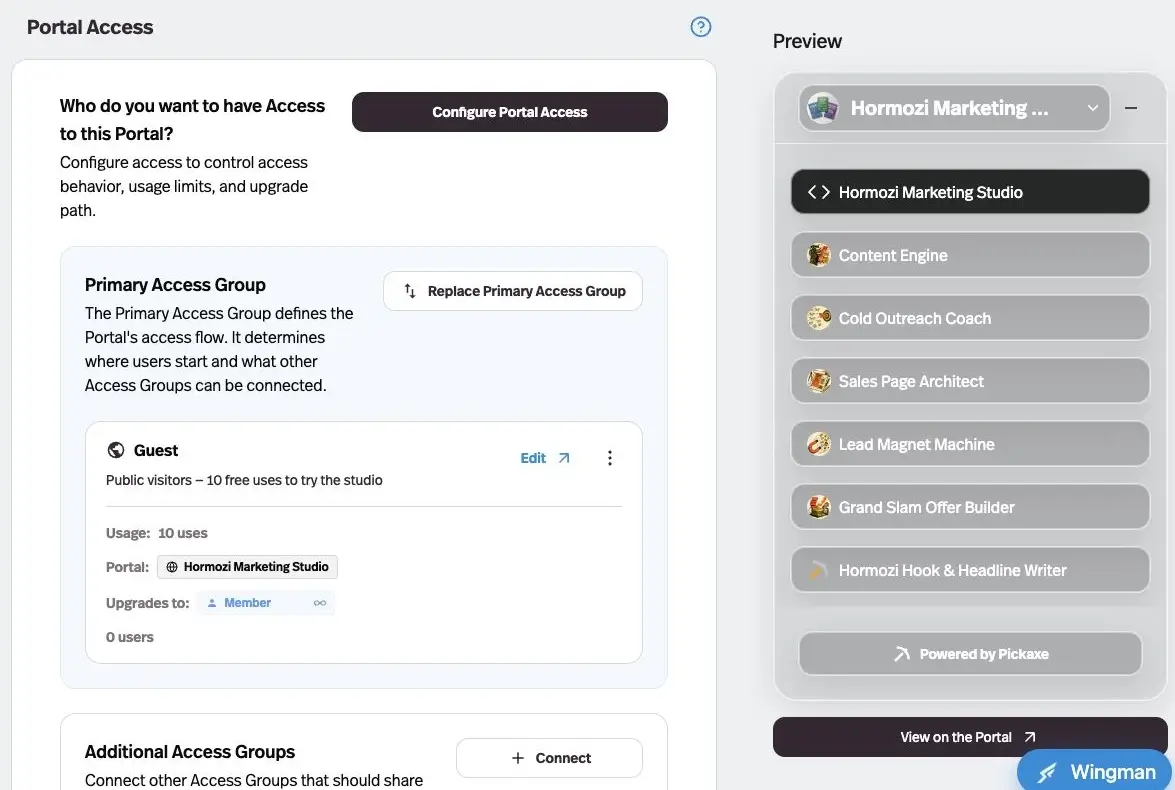 Pickaxe portal Access tab with primary and additional access groups