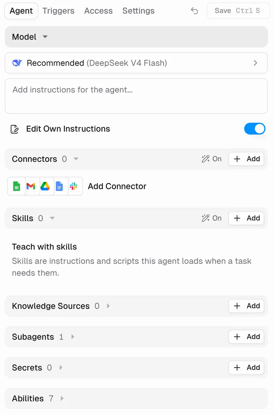 Agent tab showing Model, instructions, Edit Own Instructions, Connectors, Skills, Knowledge Sources, Subagents, Secrets, and Abilities