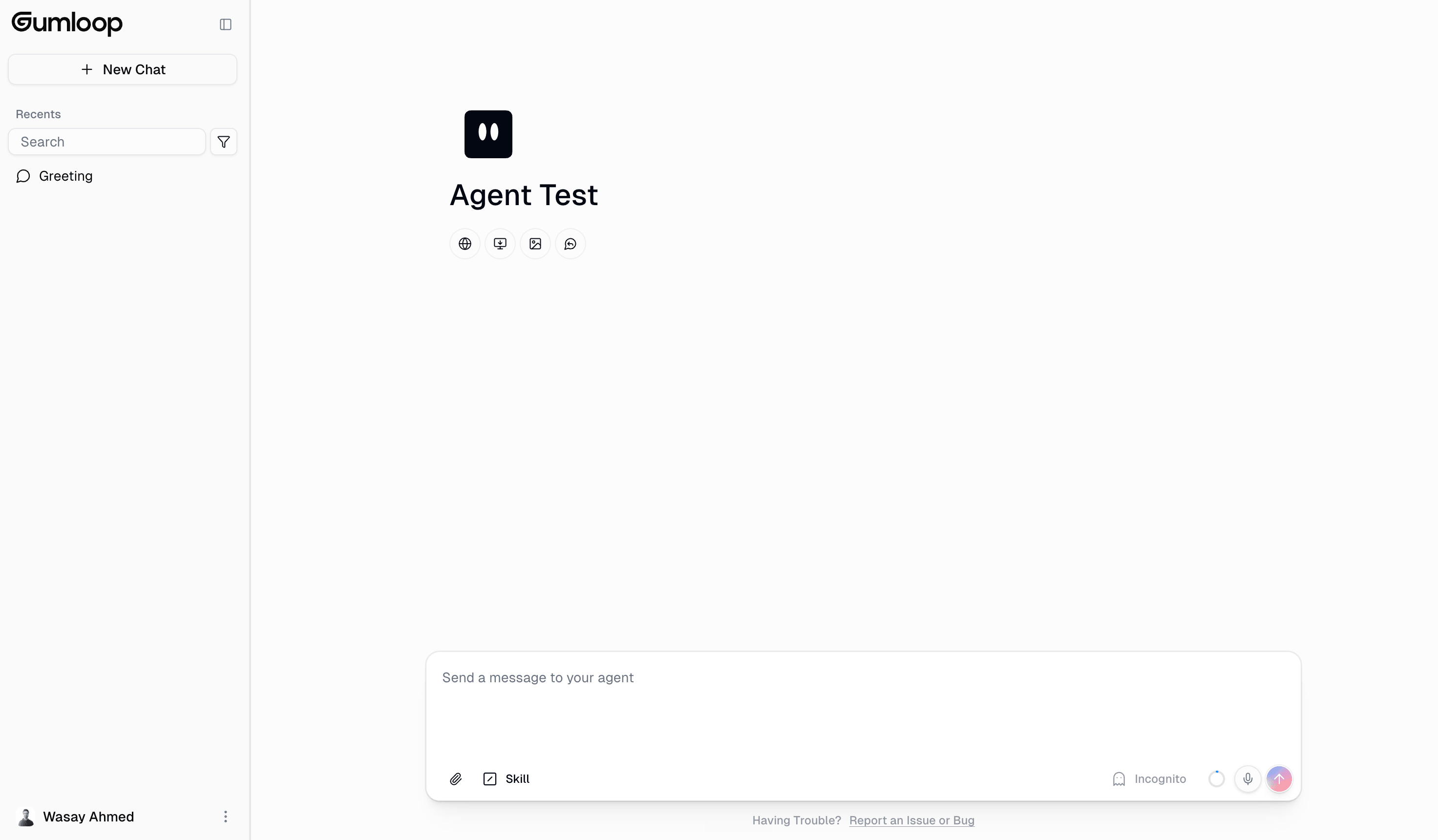 Hosted page chat interface showing the agent name, tools, and message input