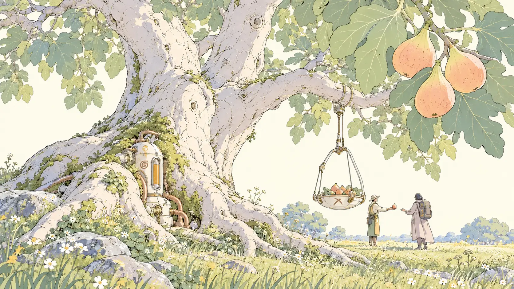Pickaxe vs Gumloop: subtle brand emblems on a fig tree sap regulator and harvest cradle