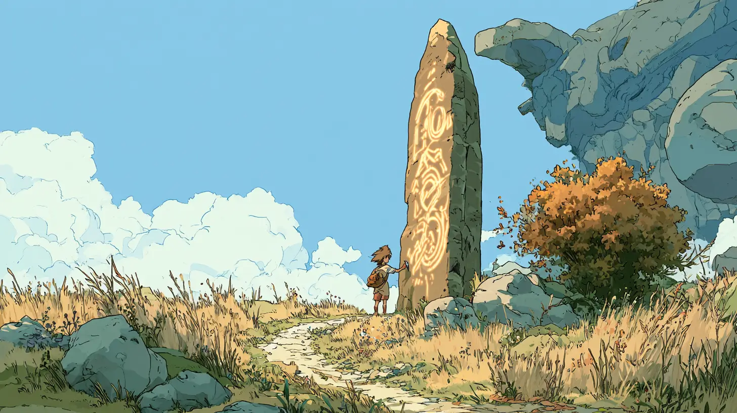 Moebius/Ghibli-style illustration of a small adventurer inscribing glowing instructions onto a tall standing stone that guides a large creature along a sunlit path