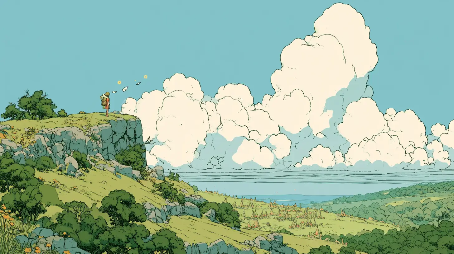 Reddit content generator illustrated as an adventurer releasing glowing paper messages toward distant valley gatherings