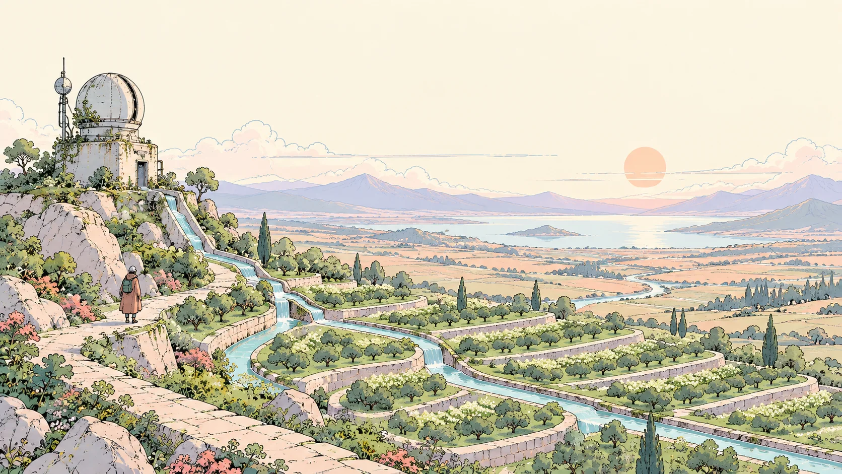 Pastel illustration of an observatory guiding efficient irrigation paths, a metaphor for how to reduce AI model costs
