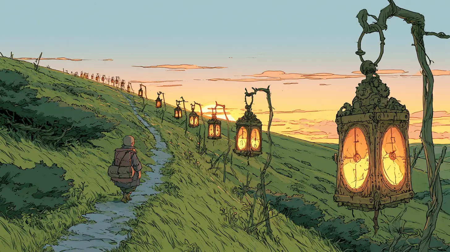 Moebius/Ghibli-style illustration of a small adventurer walking a winding hillside path lined with a receding row of glowing clock-lanterns lighting up in sequence toward a golden sunrise — a metaphor for scheduled AI agent automation running on a clock