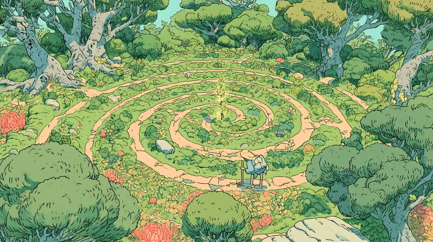 Illustrated adventurer tending a spiral garden where each turn of the path grows a taller glowing sapling, a metaphor for self-improving AI agents compounding over time