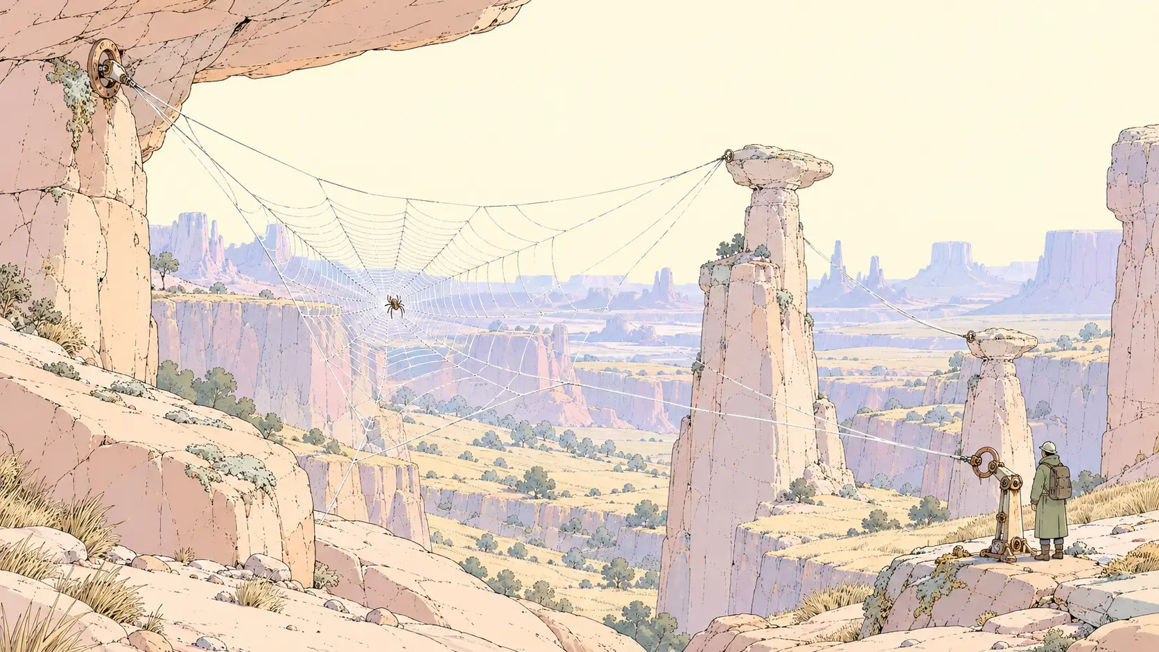 Spec-driven development illustrated by a delicate web built within fixed anchors across a pastel sandstone ravine