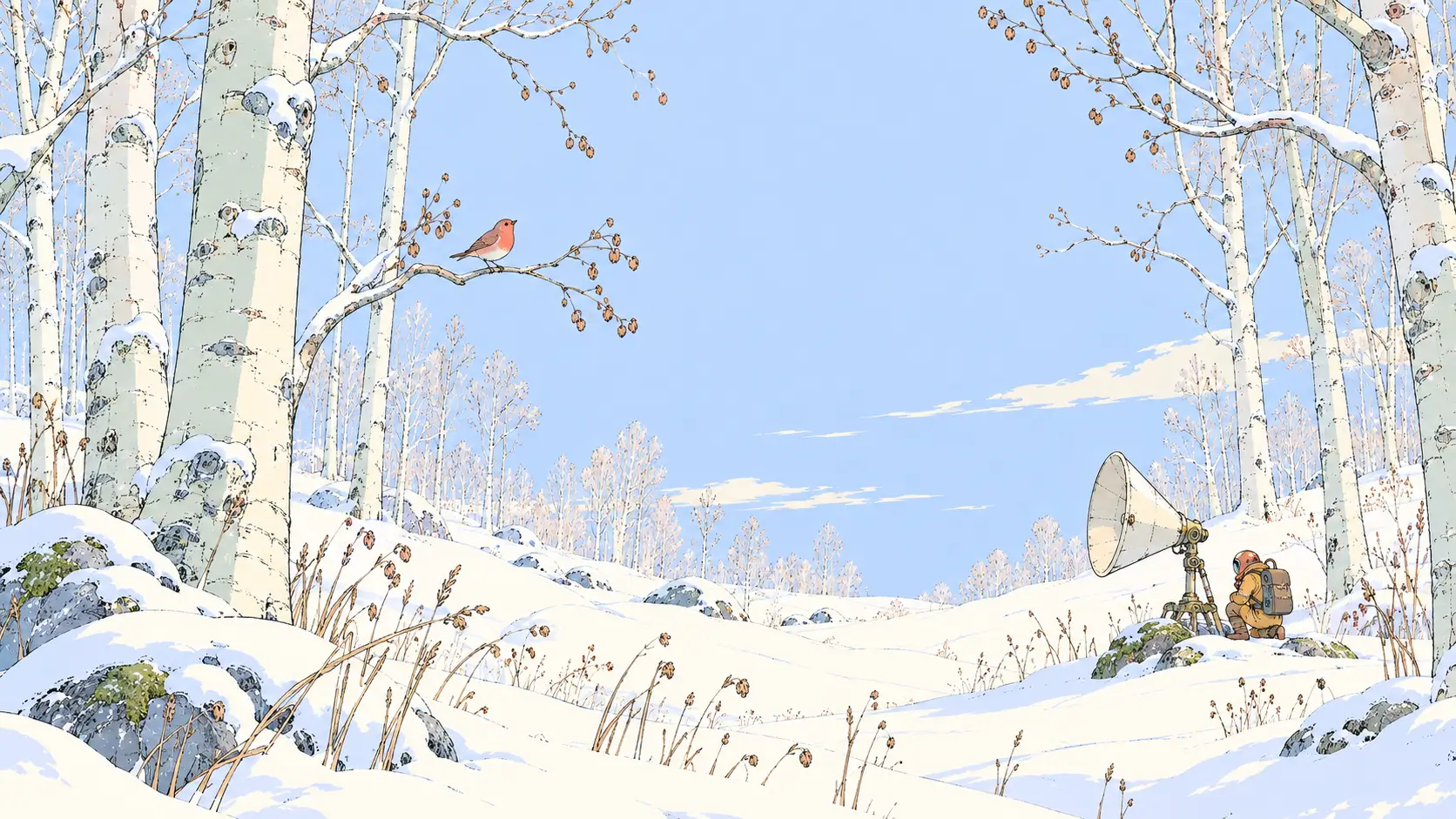 Speech to text API metaphor of a traveler hearing a songbird amid wind-rustled winter birches