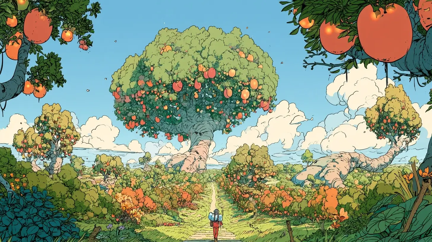 Illustrated adventurer walking a path through a sunlit orchard of many different fruit trees, a metaphor for the range of top AI agent examples