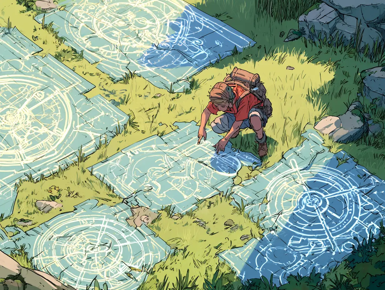 Top AI agent frameworks 2026 - illustrated adventurer studying glowing blueprints of interconnected mechanical structures in a sunlit meadow