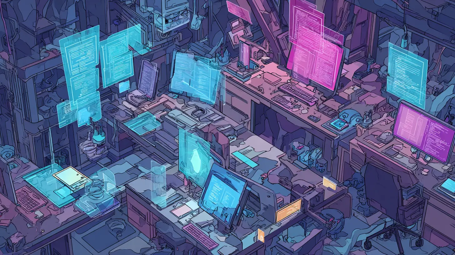 Futuristic workspace with floating holographic app screens and glowing code interfaces in neon blue and purple light