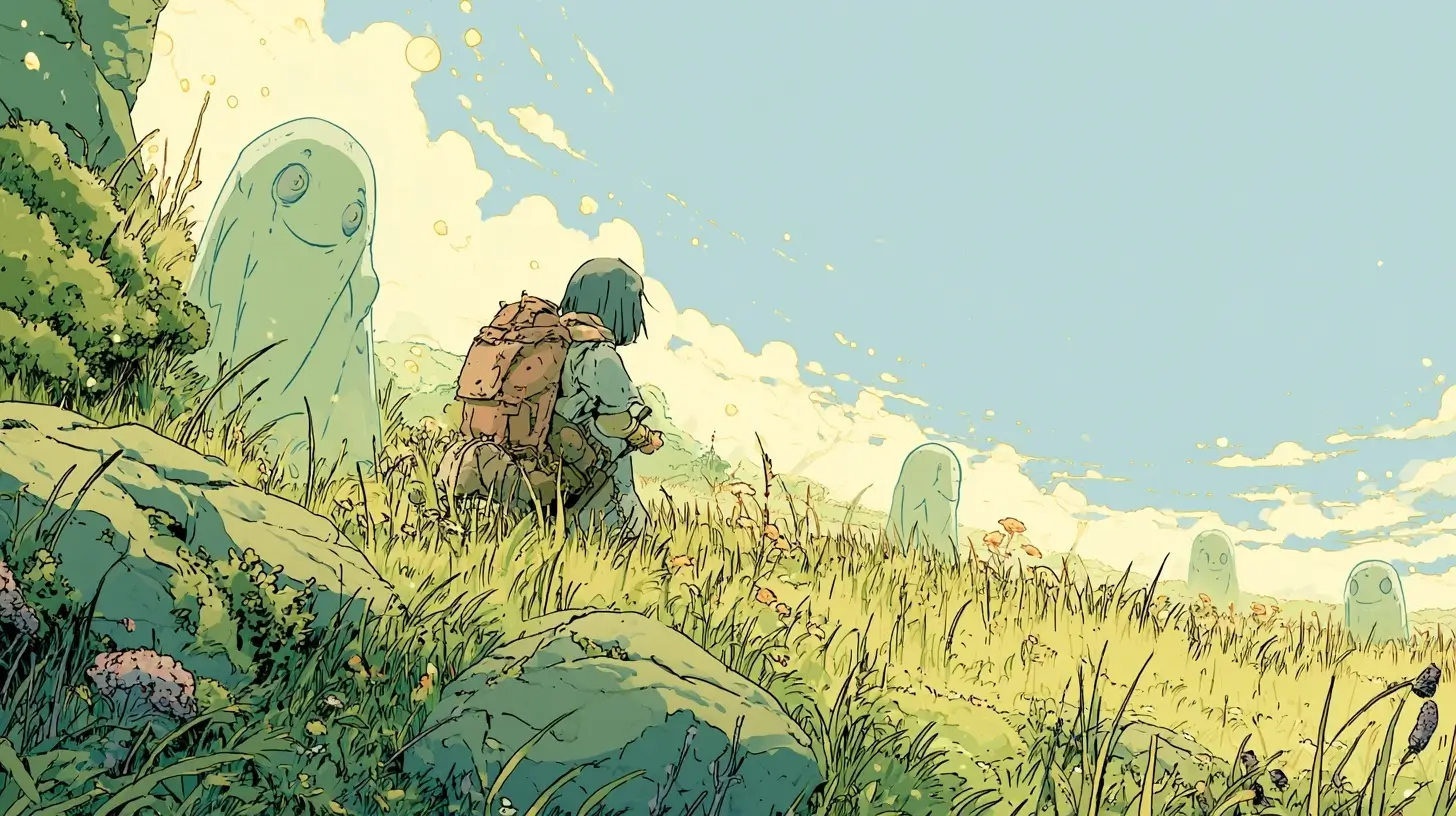 Illustration of a small adventurer in a sunlit meadow surrounded by glowing AI assistant companion spirits in studio Ghibli style